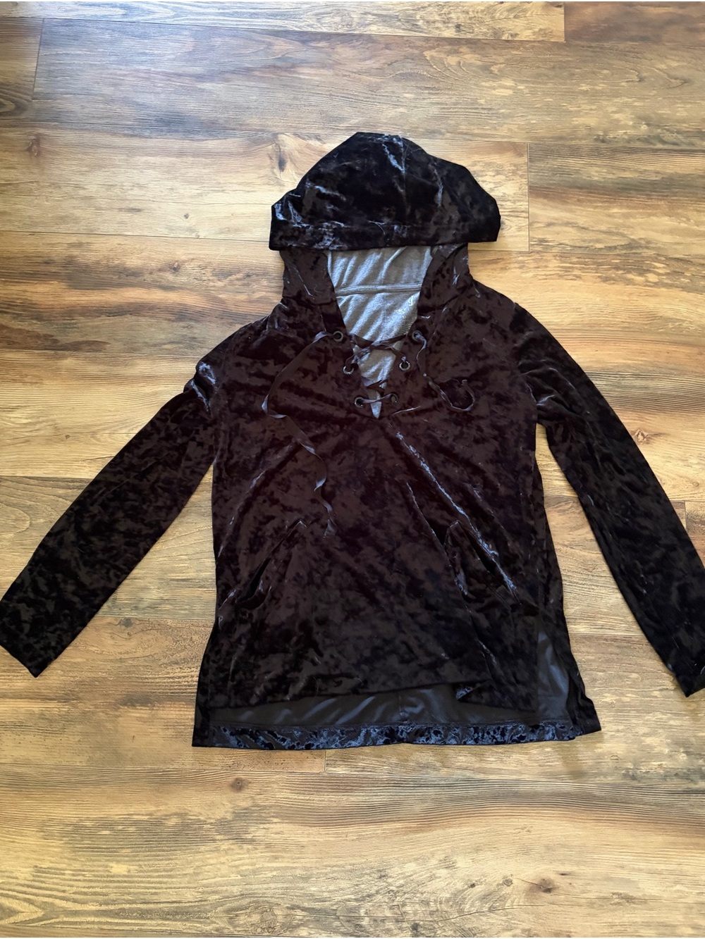 Juicy Couture Black Crushed Velvet Lace-Up Hooded Long Sleeve Top